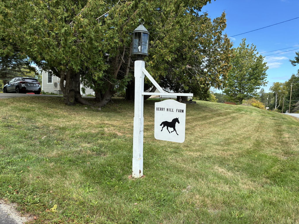 Lantern and sign at roadside.