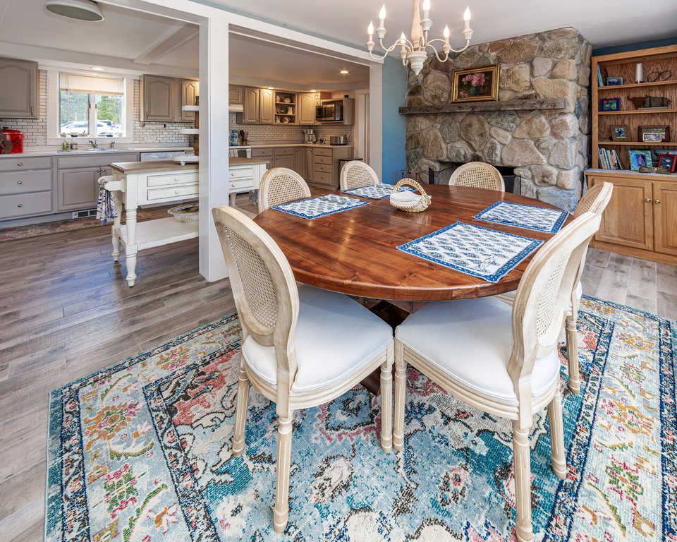 Dining, kitchen, fireplace