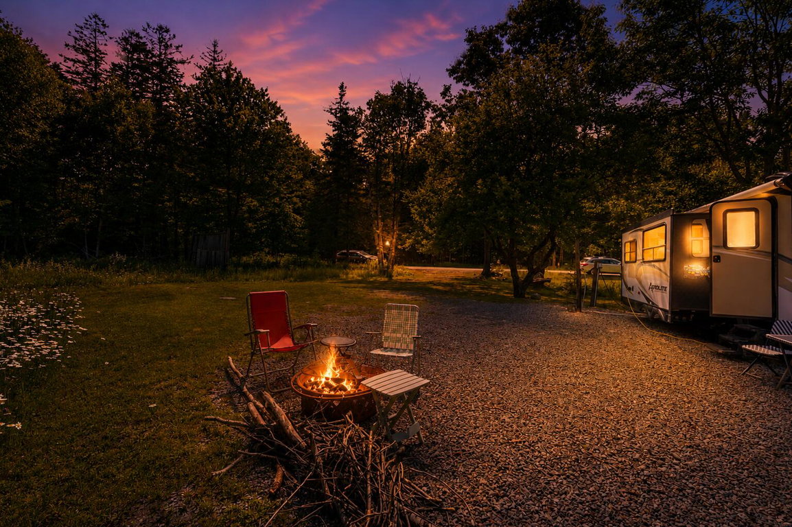twilight pic of camper with a firepit