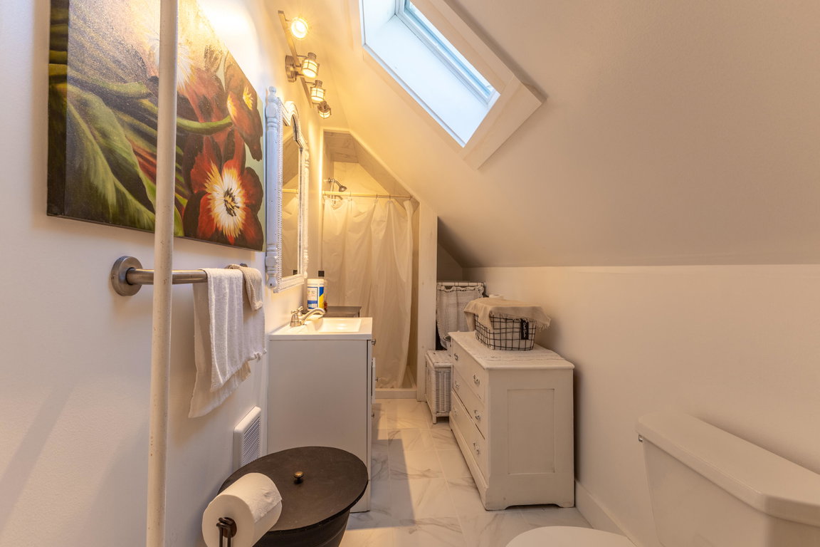 Full bath with skylight, marble floor.