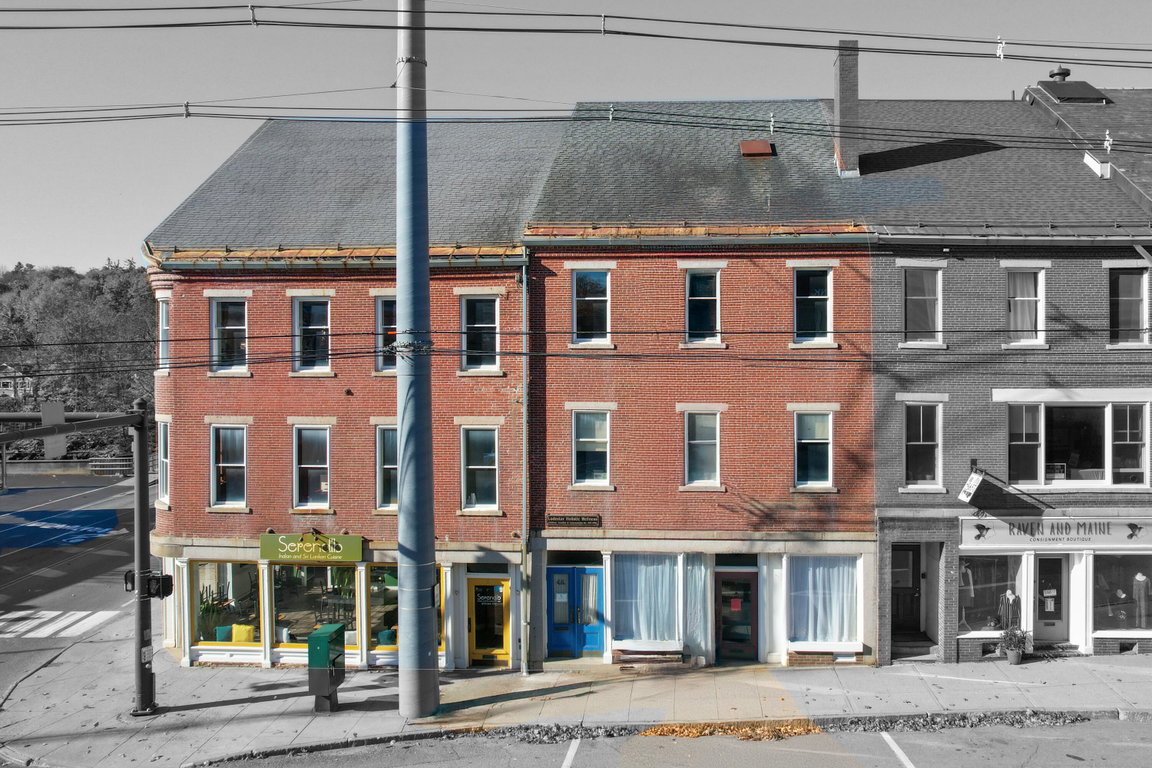 East facing front of buildings.