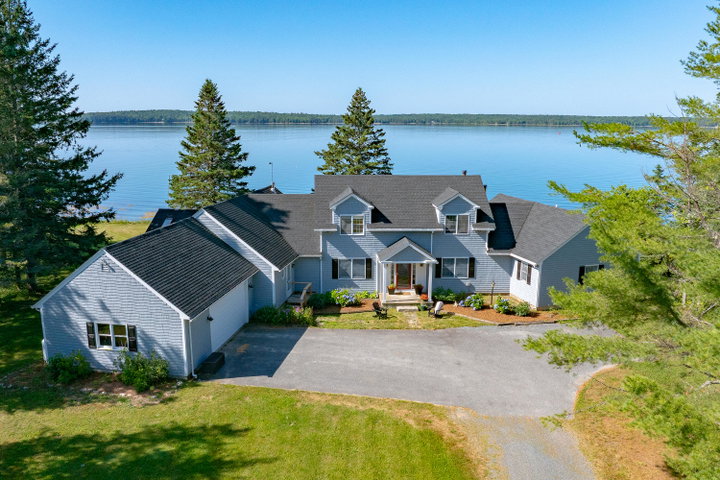 Aerial view of the executive home on Eggemoggin Reach