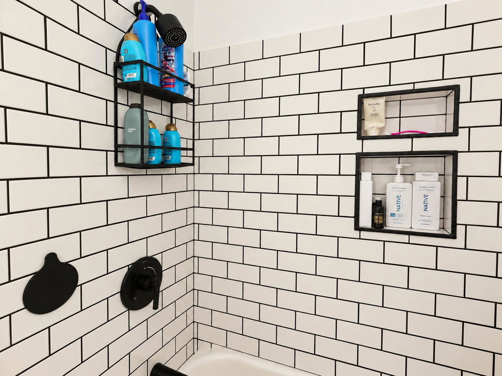Organized Modern Black-Tile Shower Corne